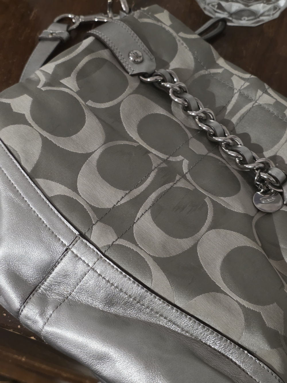 Coach Silver Signature Tote Bag with Chain Accent - Picture 12 of 14